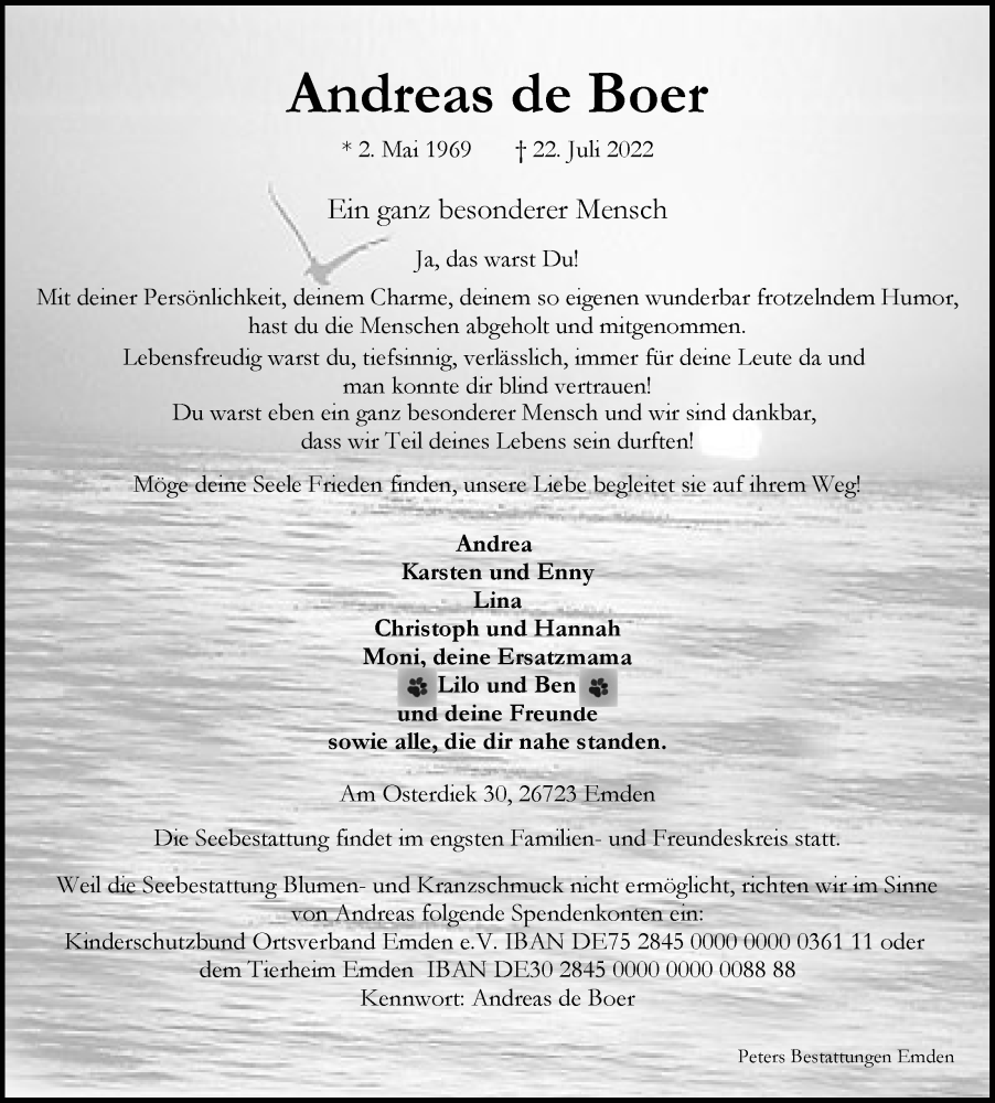  Traueranzeige für Andreas de Boer vom 30.07.2022 aus Emder Zeitung