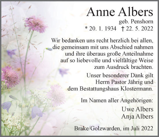 Traueranzeige von Anne Albers von Nordwest-Zeitung