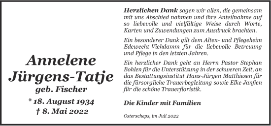 Traueranzeige von Annelene Jürgens-Tatje von Nordwest-Zeitung