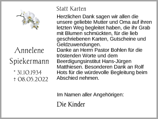 Traueranzeige von Annelene Spiekermann von Nordwest-Zeitung