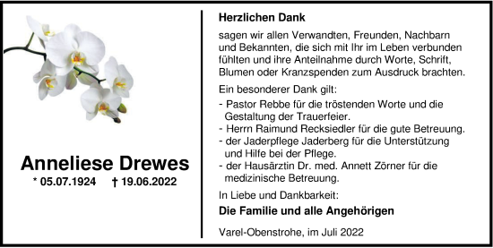Traueranzeige von Anneliese Drewes von Nordwest-Zeitung