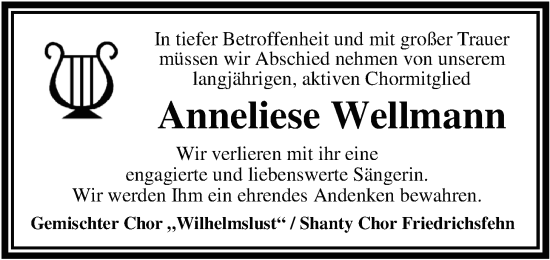Traueranzeige von Anneliese Wellmann von Nordwest-Zeitung