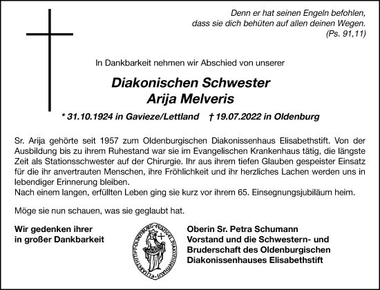 Traueranzeige von Arija Melveris von Nordwest-Zeitung