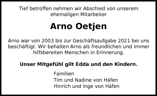 Traueranzeige von Arno Oetjen von Nordwest-Zeitung