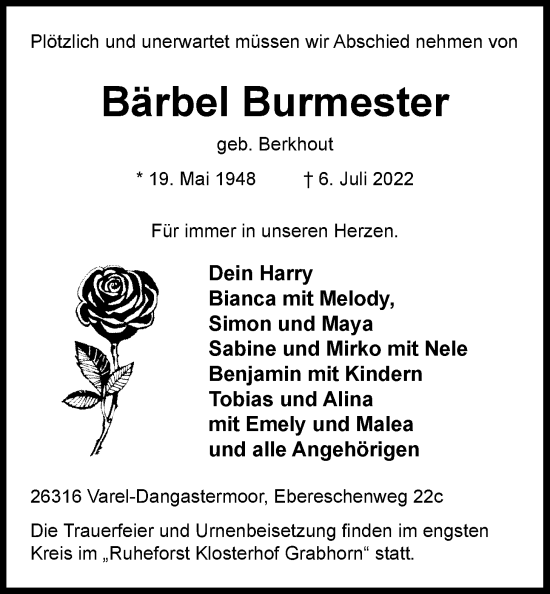 Traueranzeige von Bärbel Burmester von Nordwest-Zeitung