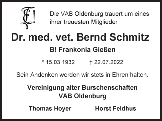 Traueranzeige von Bernd Schmitz von Nordwest-Zeitung