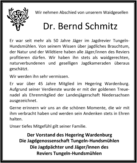 Traueranzeige von Bernd Schmitz von Nordwest-Zeitung