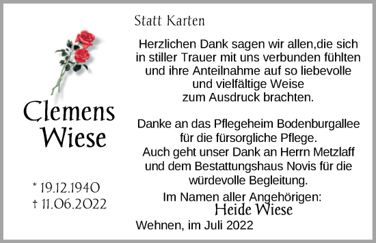 Traueranzeige von Clemens Wiese von Nordwest-Zeitung