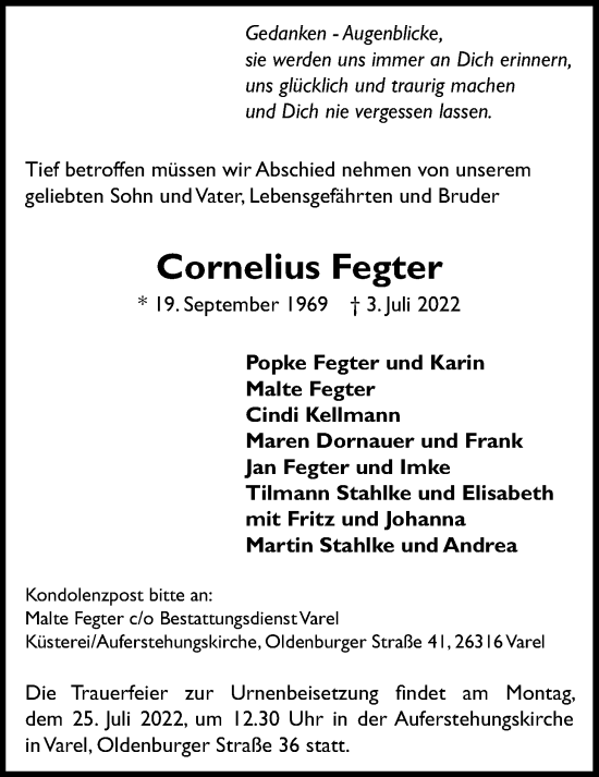 Traueranzeige von Cornelius Fegter von Nordwest-Zeitung