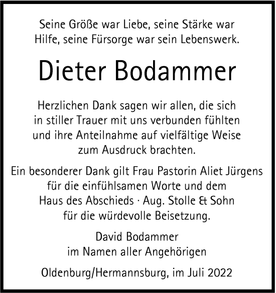 Traueranzeige von Dieter Bodammer von Nordwest-Zeitung