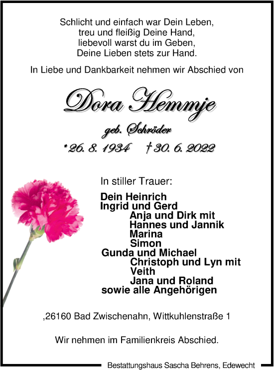 Traueranzeige von Dora Hemmje von Nordwest-Zeitung