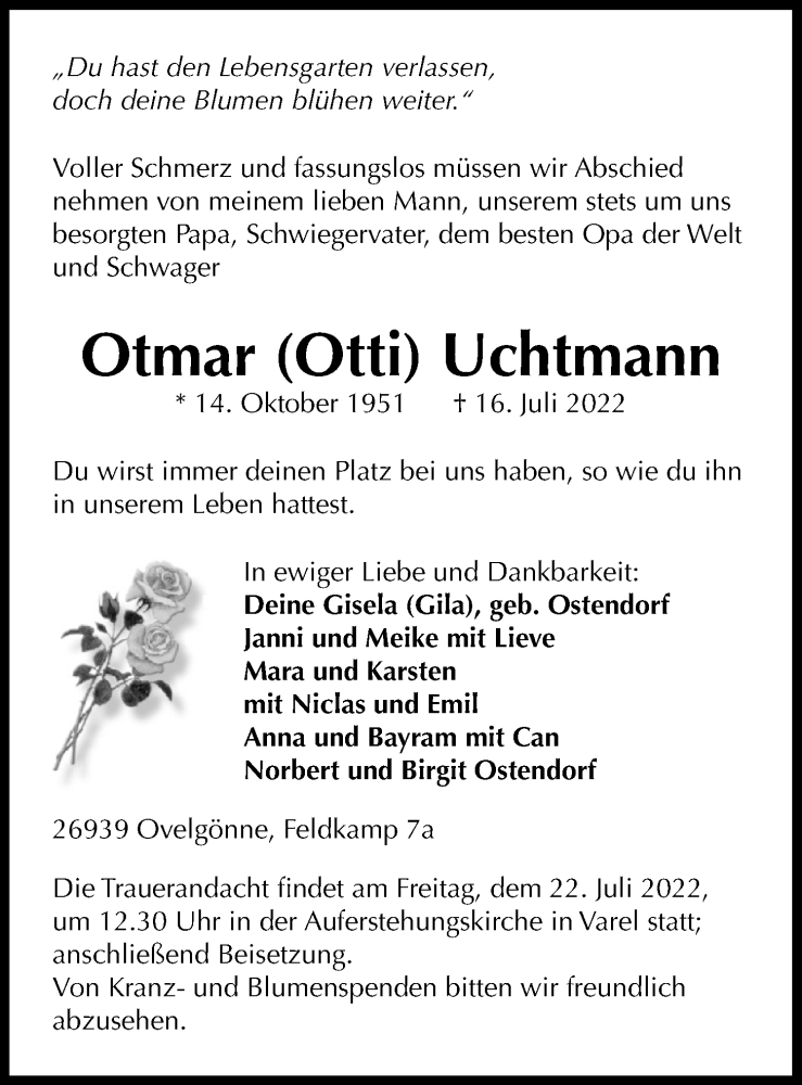  Traueranzeige für Otmar Uchtmann vom 20.07.2022 aus Nordwest-Zeitung