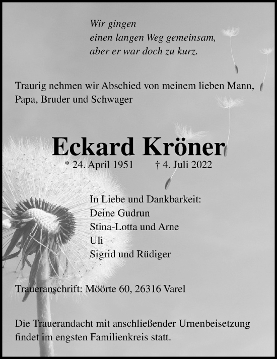 Traueranzeige von Eckard Kröner von Nordwest-Zeitung