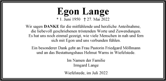 Traueranzeige von Egon Lange von Nordwest-Zeitung