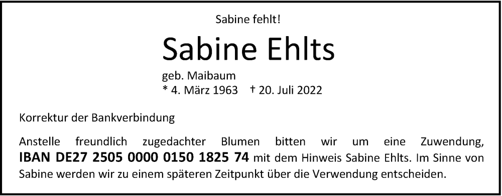  Traueranzeige für Ehlts Sabine vom 30.07.2022 aus Nordwest-Zeitung
