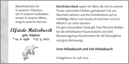 Traueranzeige von Elfriede Hülsebusch von Nordwest-Zeitung