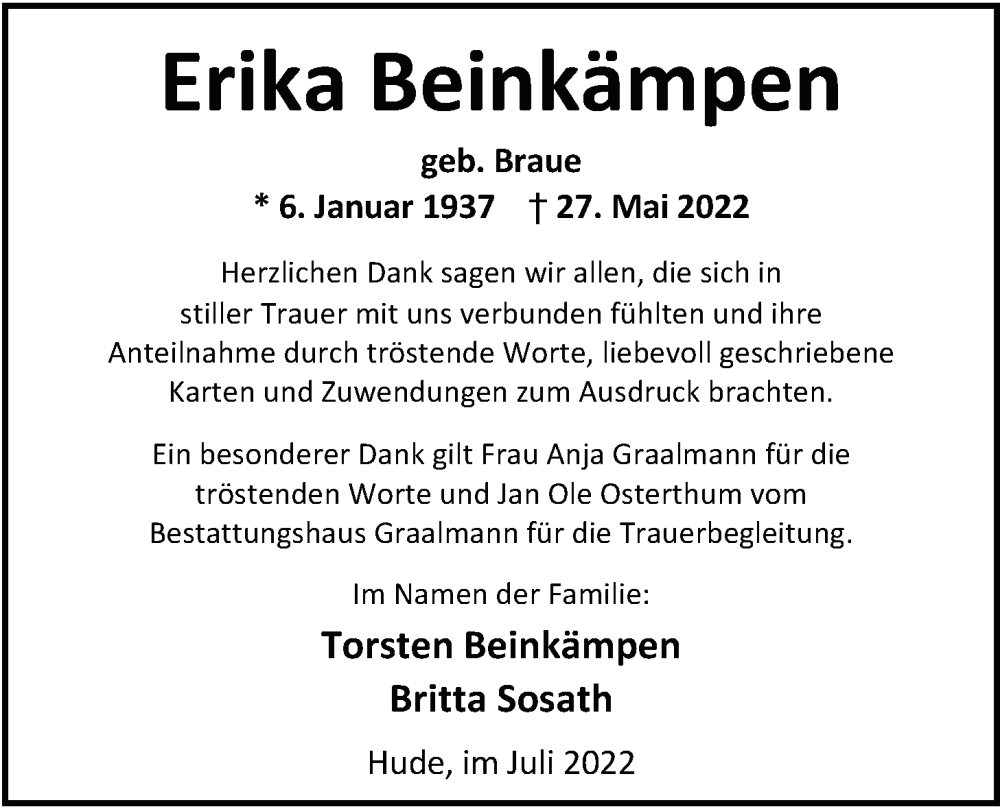  Traueranzeige für Erika Beinkämpen vom 09.07.2022 aus Nordwest-Zeitung
