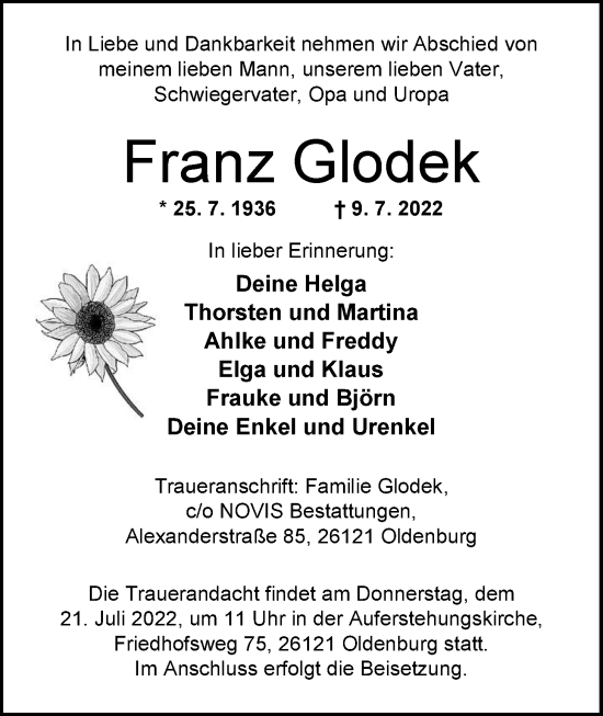 Traueranzeige von Franz Glodek von Nordwest-Zeitung
