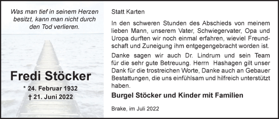 Traueranzeige von Fredi Stöcker von Nordwest-Zeitung