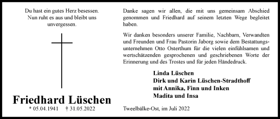 Traueranzeige von Friedhard Lüschen von Nordwest-Zeitung