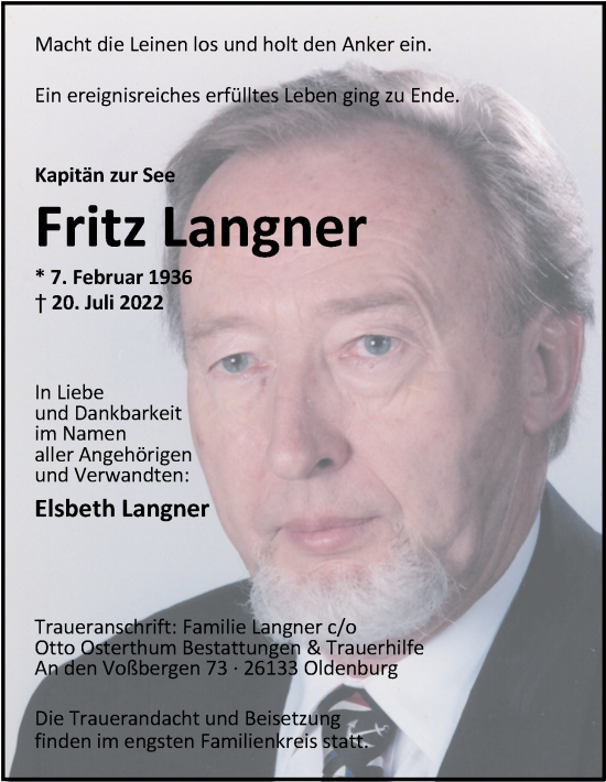 Traueranzeige von Fritz Langner von Nordwest-Zeitung