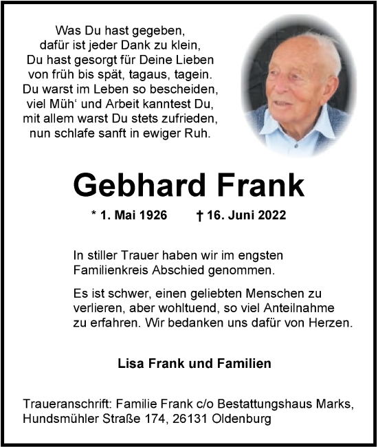 Traueranzeige von Gebhard Frank von Nordwest-Zeitung