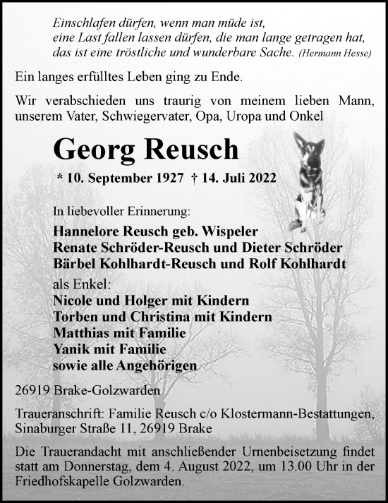 Traueranzeige von Georg Reusch von Nordwest-Zeitung