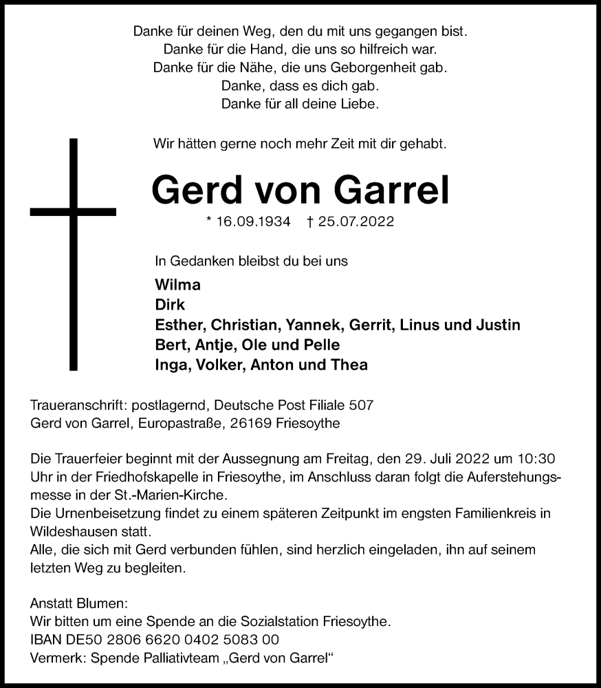 Traueranzeige für Gerd von Garrel vom 27.07.2022 aus Nordwest-Zeitung