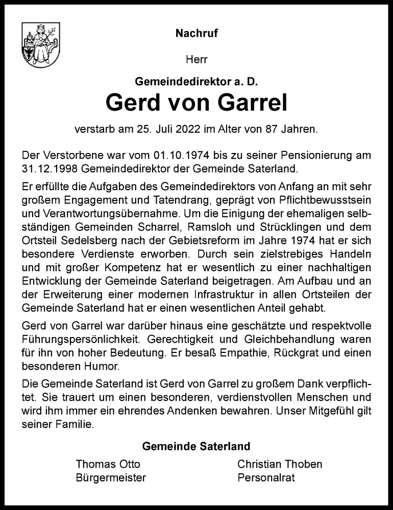  Traueranzeige für Gerd von Garrel vom 28.07.2022 aus Nordwest-Zeitung