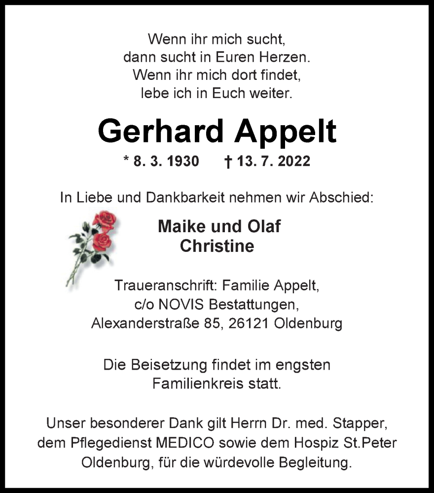  Traueranzeige für Gerhard Appelt vom 23.07.2022 aus Nordwest-Zeitung