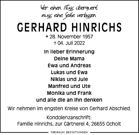 Traueranzeige von Gerhard Hinrichs von Nordwest-Zeitung