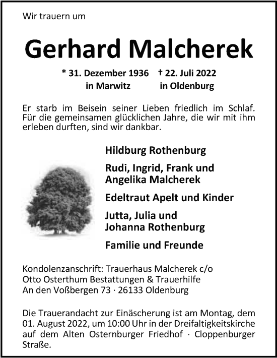 Traueranzeige von Gerhard Malcherek von Nordwest-Zeitung
