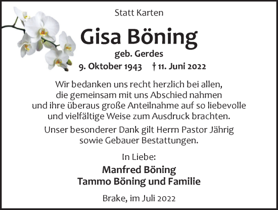 Traueranzeige von Gisa Böning von Nordwest-Zeitung