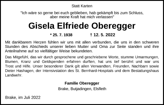 Traueranzeige von Gisela Oberegger von Nordwest-Zeitung