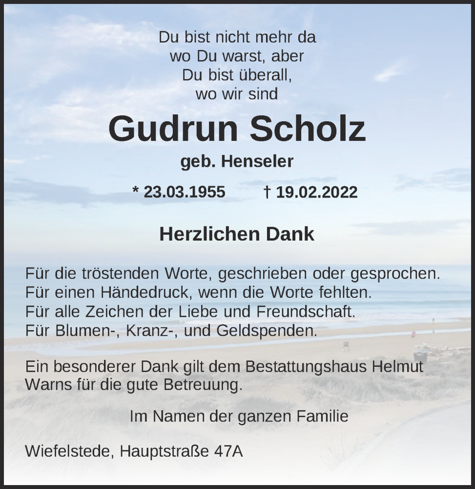  Traueranzeige für Gudrun Scholz vom 02.07.2022 aus Nordwest-Zeitung