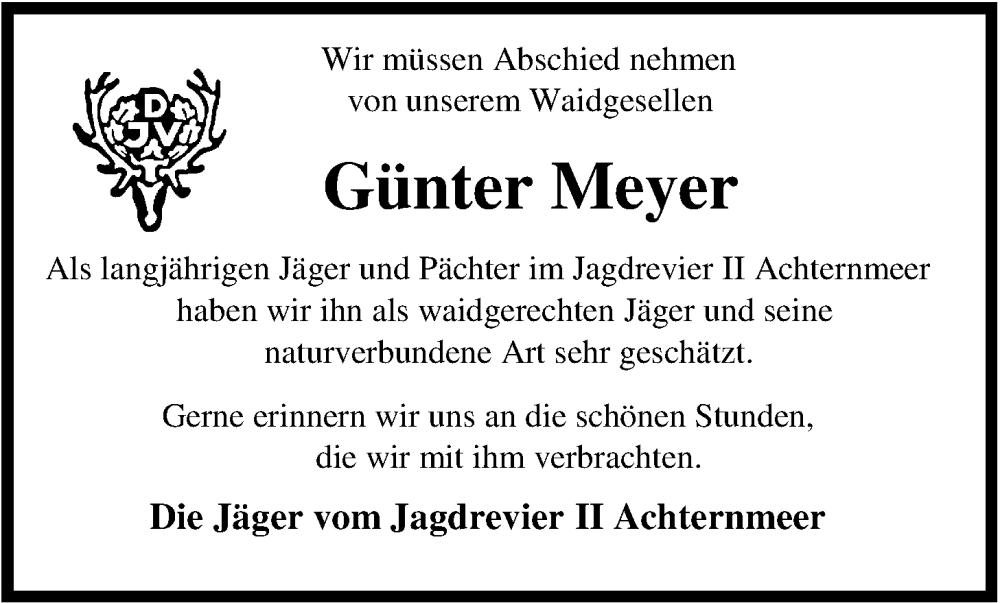  Traueranzeige für Günter Meyer vom 08.07.2022 aus Nordwest-Zeitung
