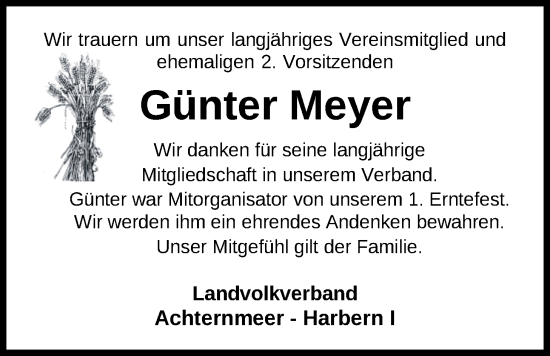 Traueranzeige von Günter Meyer von Nordwest-Zeitung