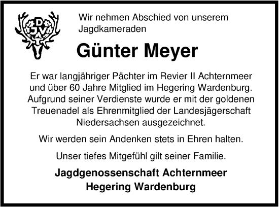 Traueranzeige von Günter Meyer von Nordwest-Zeitung