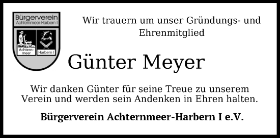 Traueranzeige von Günter Meyer von Nordwest-Zeitung