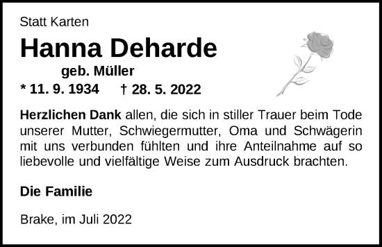 Traueranzeige von Hannna Deharde von Nordwest-Zeitung