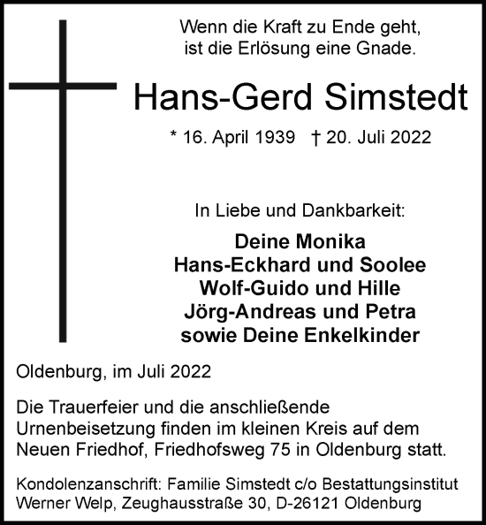 Traueranzeige von Hans-Gerd Simstedt von Nordwest-Zeitung