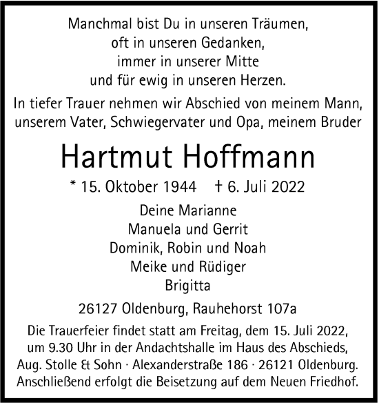 Traueranzeigen Von Hartmut Hoffmann 