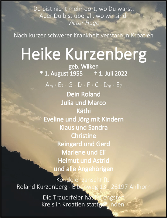 Traueranzeige von Heike Kurzenberg von Nordwest-Zeitung
