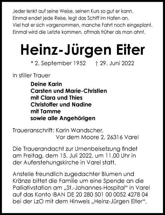 Traueranzeige von Heinz-Jürgen Eiter von Nordwest-Zeitung