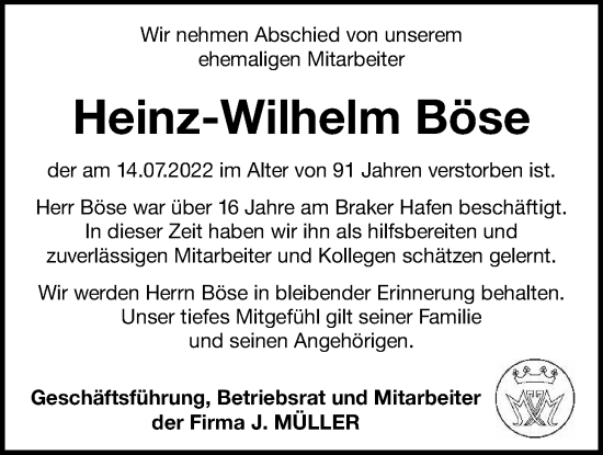 Traueranzeige von Heinz-Wilhelm Böse von Nordwest-Zeitung