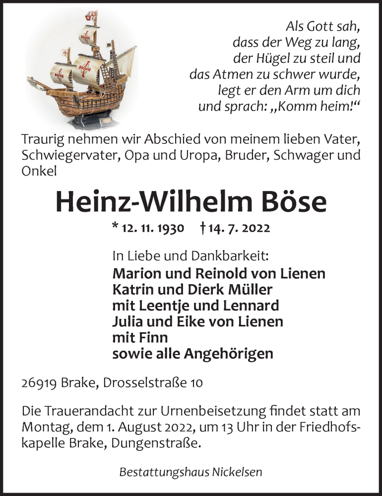  Traueranzeige für Heinz-Wilhelm Böse vom 22.07.2022 aus Nordwest-Zeitung