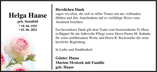 Traueranzeige von Helga Haase von Nordwest-Zeitung