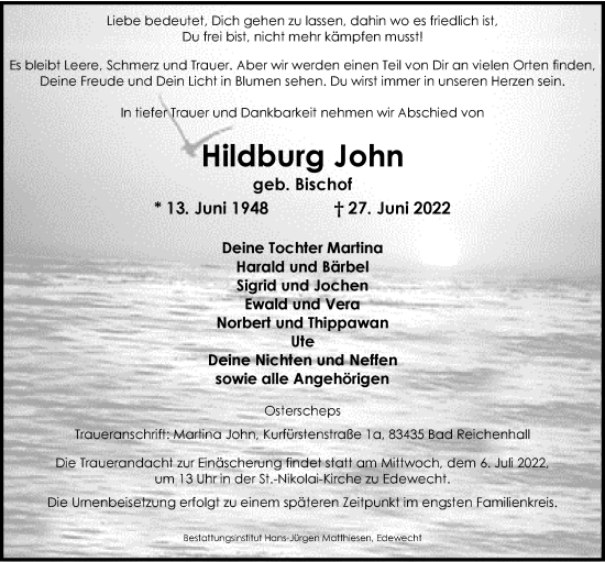 Traueranzeige von Hildburg John von Nordwest-Zeitung