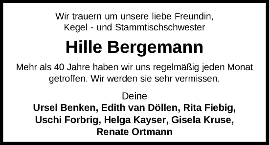 Traueranzeige von Hille Bergemann von Nordwest-Zeitung