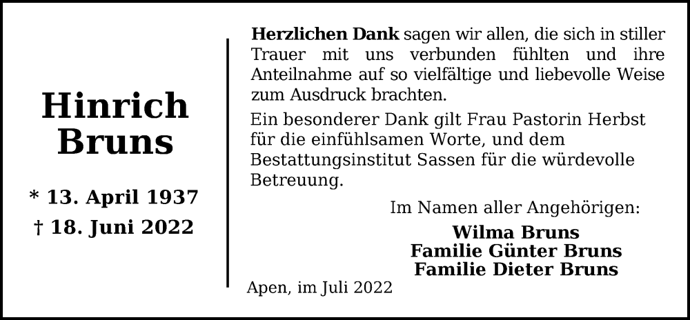  Traueranzeige für Hinrich Bruns vom 28.07.2022 aus Nordwest-Zeitung